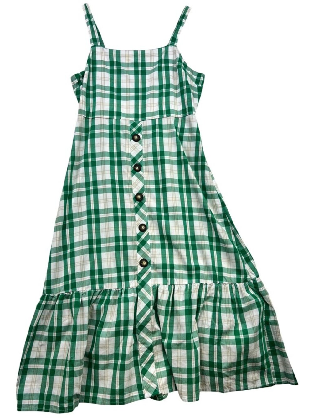 Women's Smocked Peasant Summer Midi Dress Sleeveless Sz XL Green White Plaid